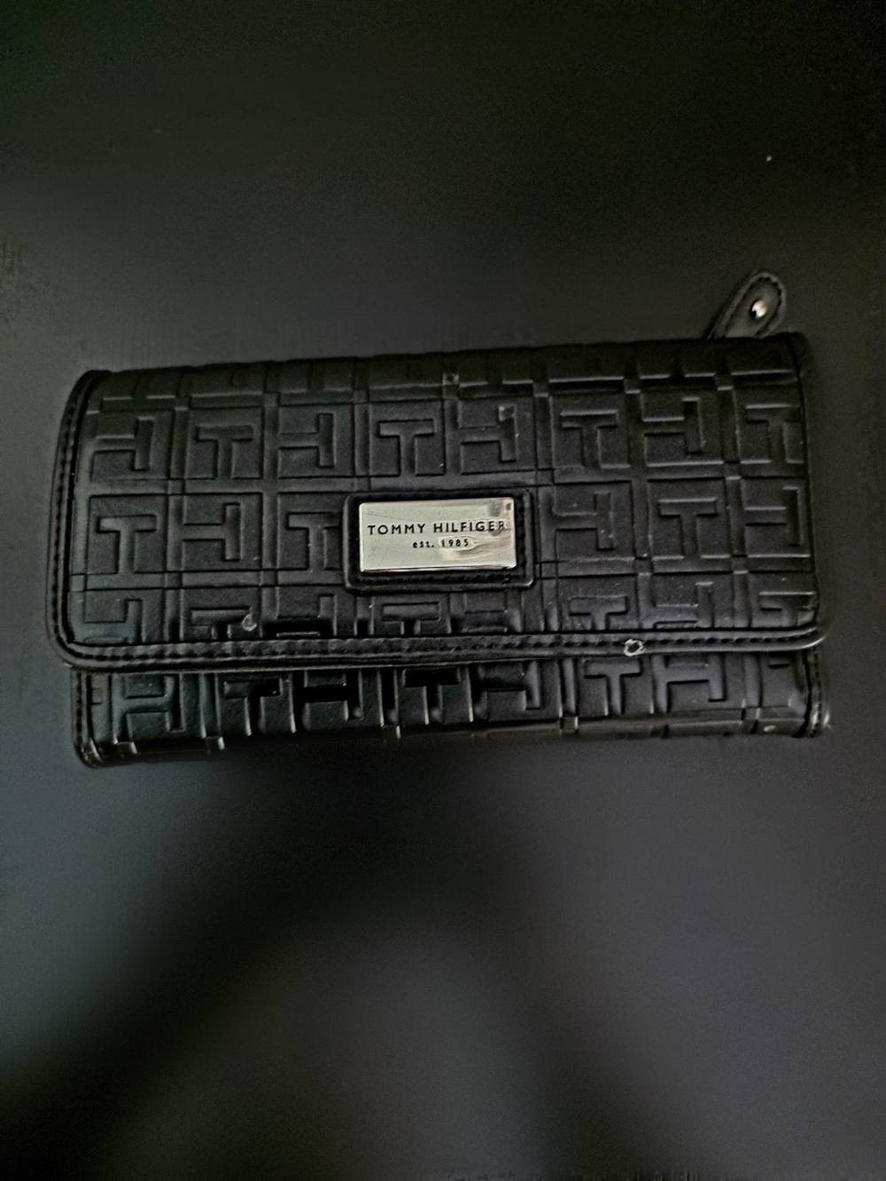 Tommy Hilfiger Black Logo Embossed Checkbook Wallet Clutch